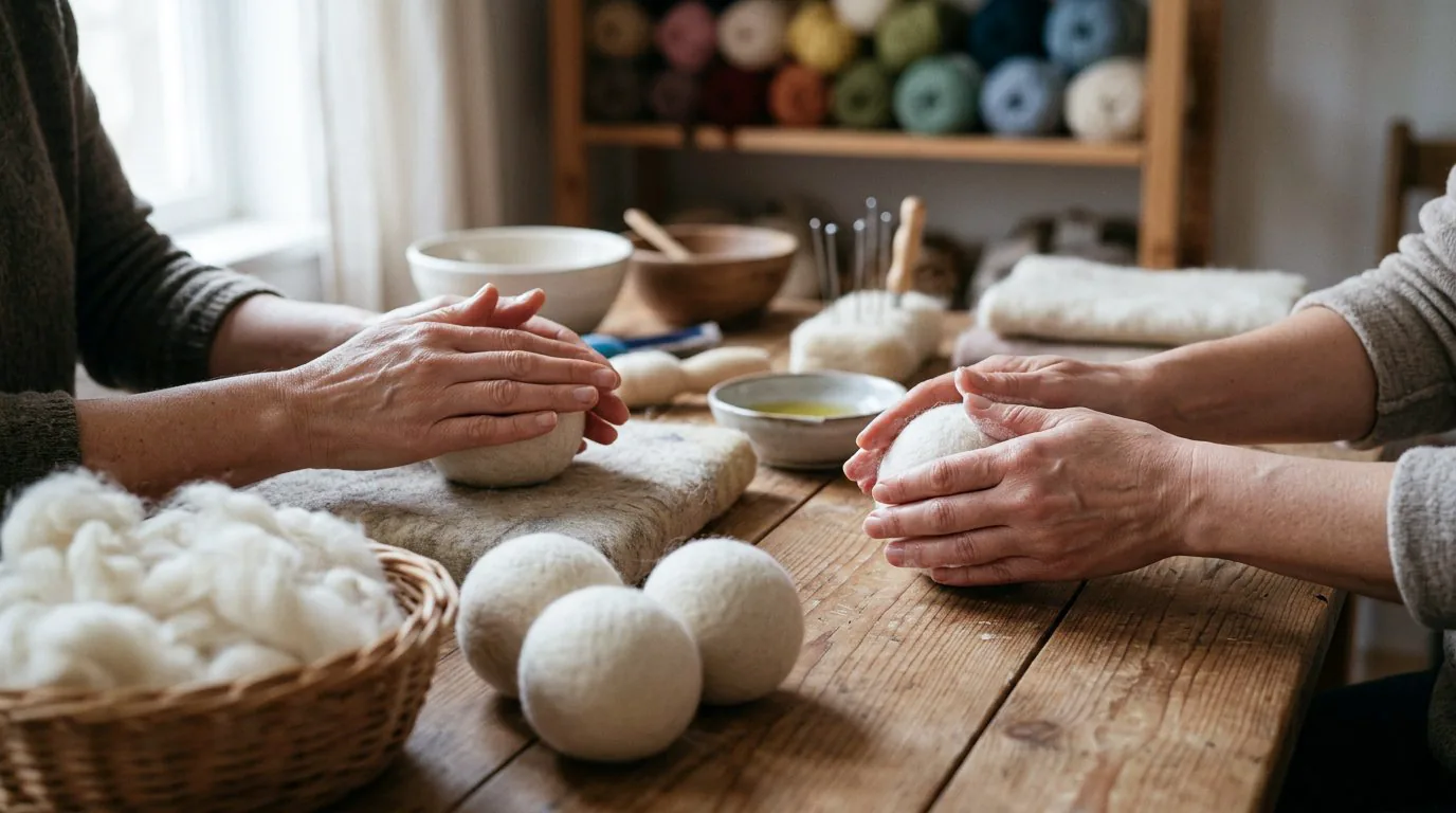Women's hands felting natural wool into round dryer balls in a workshop