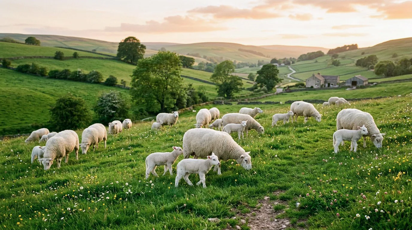 Clean white sheep and lambs grazing in a green meadow at golden hour
