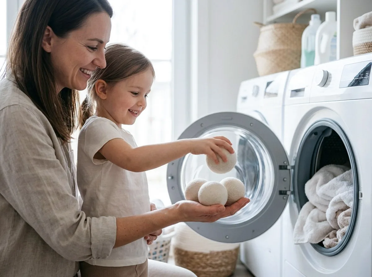 A mother and daughter placing wool dryer balls into the dryer together