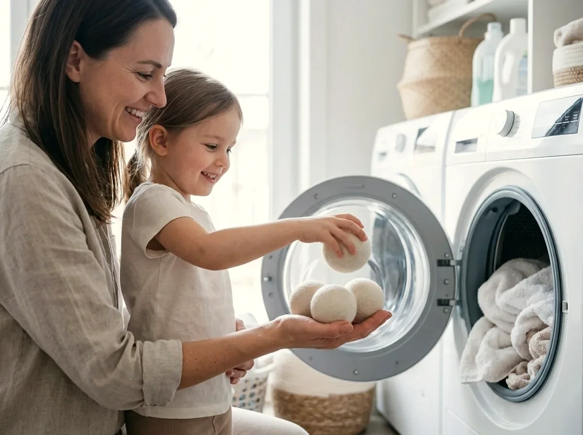 A mother and daughter placing wool dryer balls into the dryer together