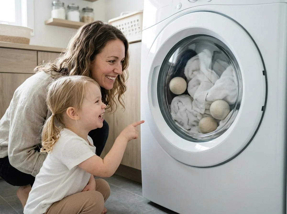 A mother and child delighted as they watch the wool balls tumble behind the closed dryer door