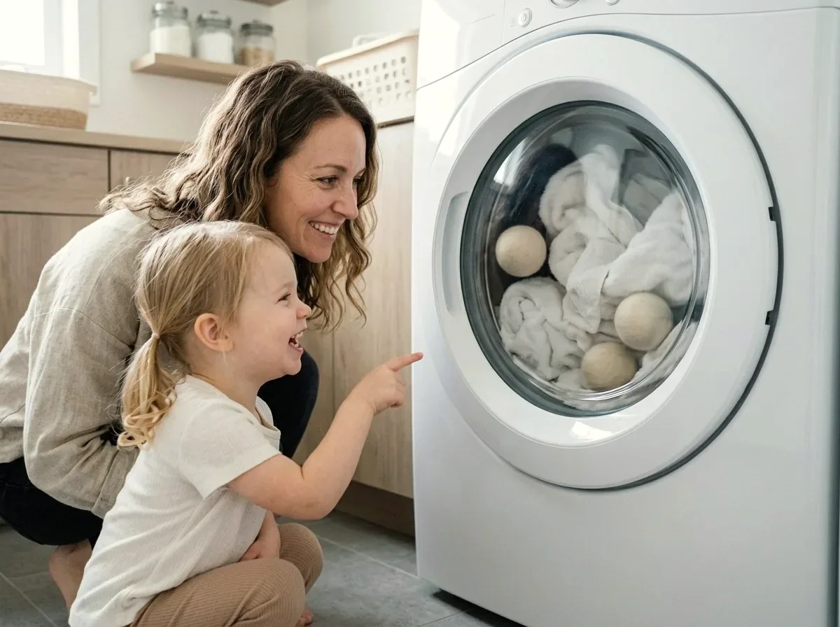 A mother and child delighted as they watch the wool balls tumble behind the closed dryer door