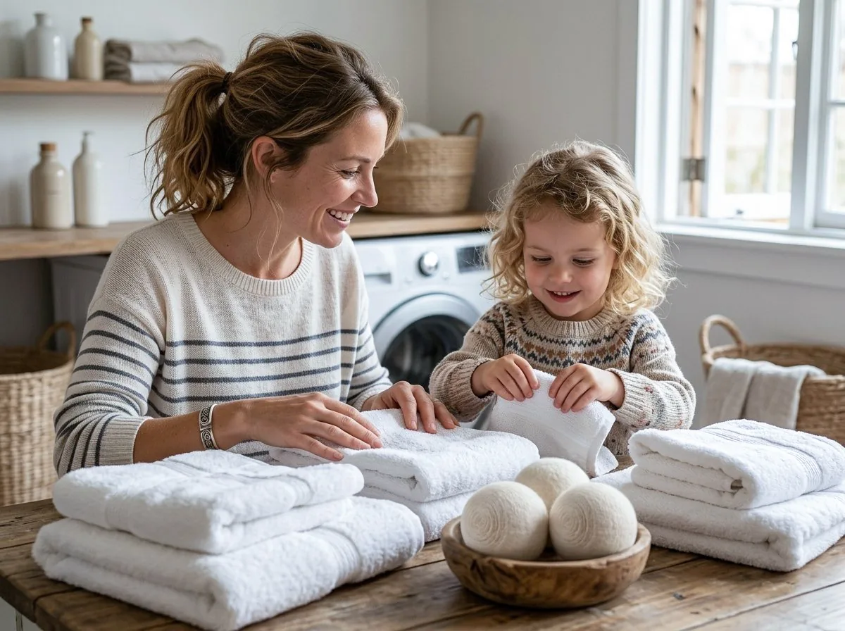 A family folding soft, freshly dried laundry together