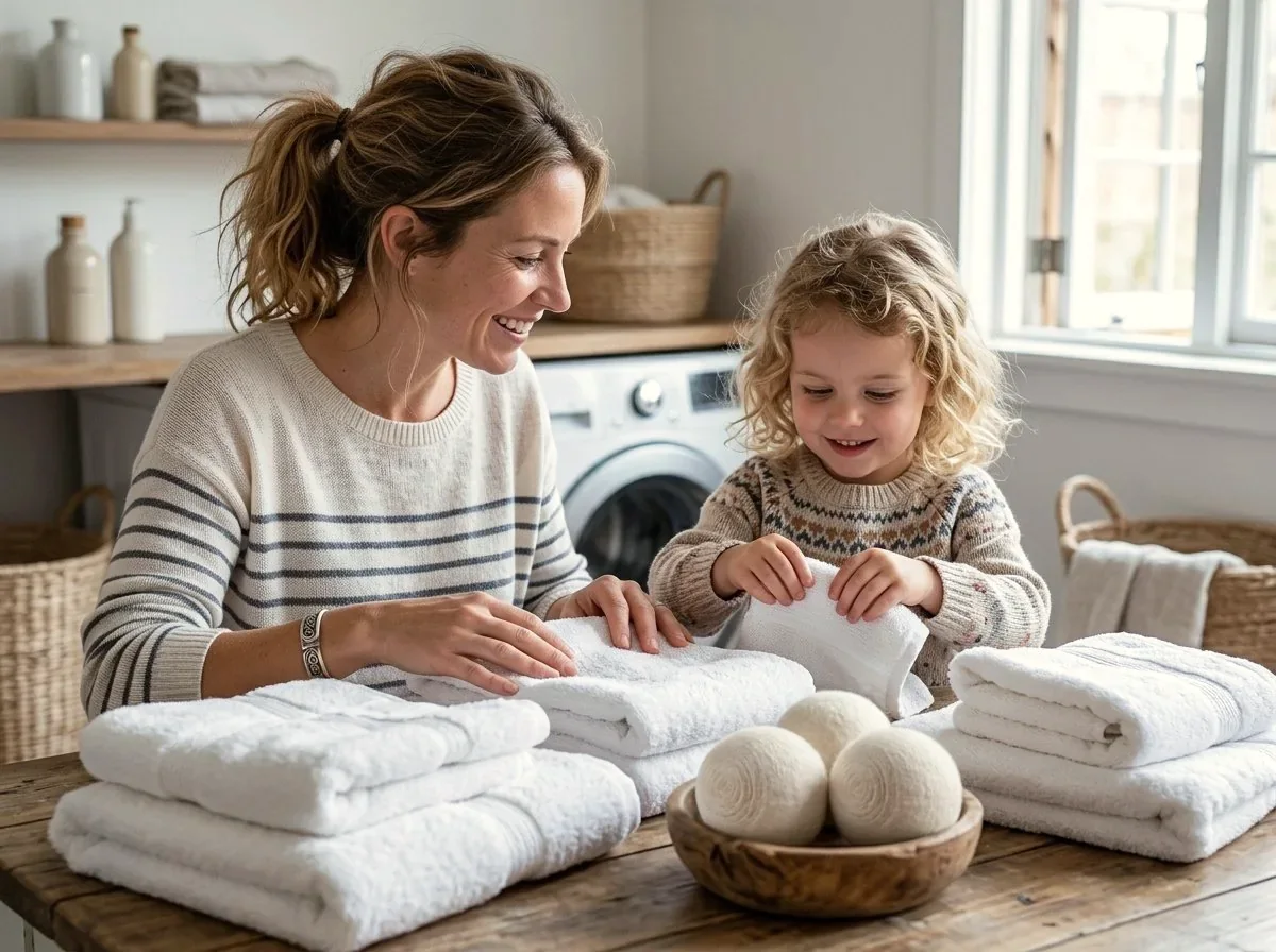 A family folding soft, freshly dried laundry together