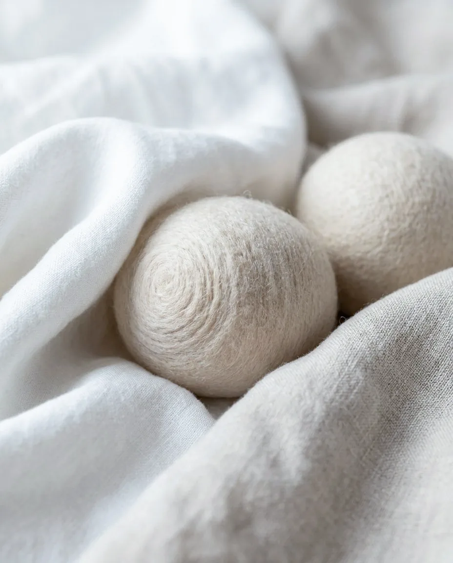 Close detail of felted wool dryer balls separating soft fabric