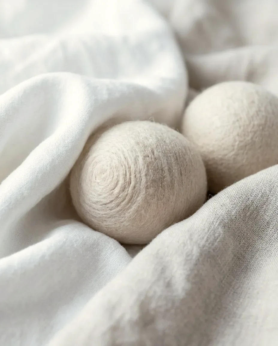 Close detail of felted wool dryer balls separating soft fabric