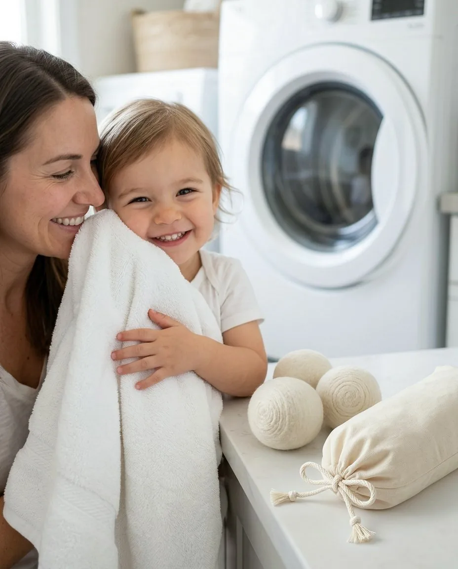 A child hugging a soft, freshly dried towel beside the wool balls and pouch