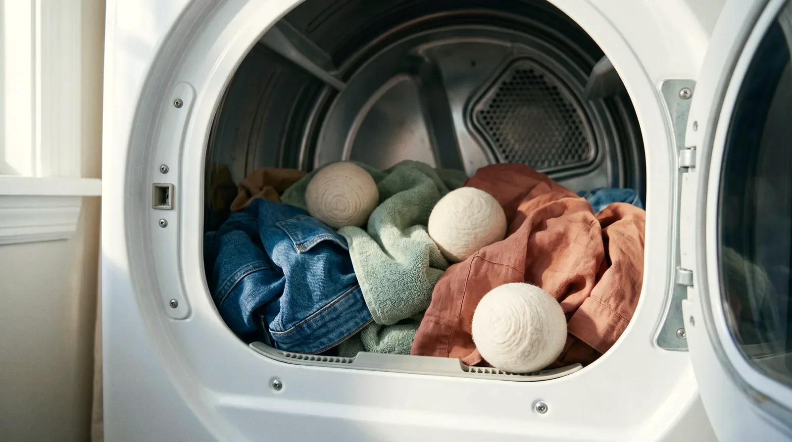 Wool dryer balls inside a dryer drum