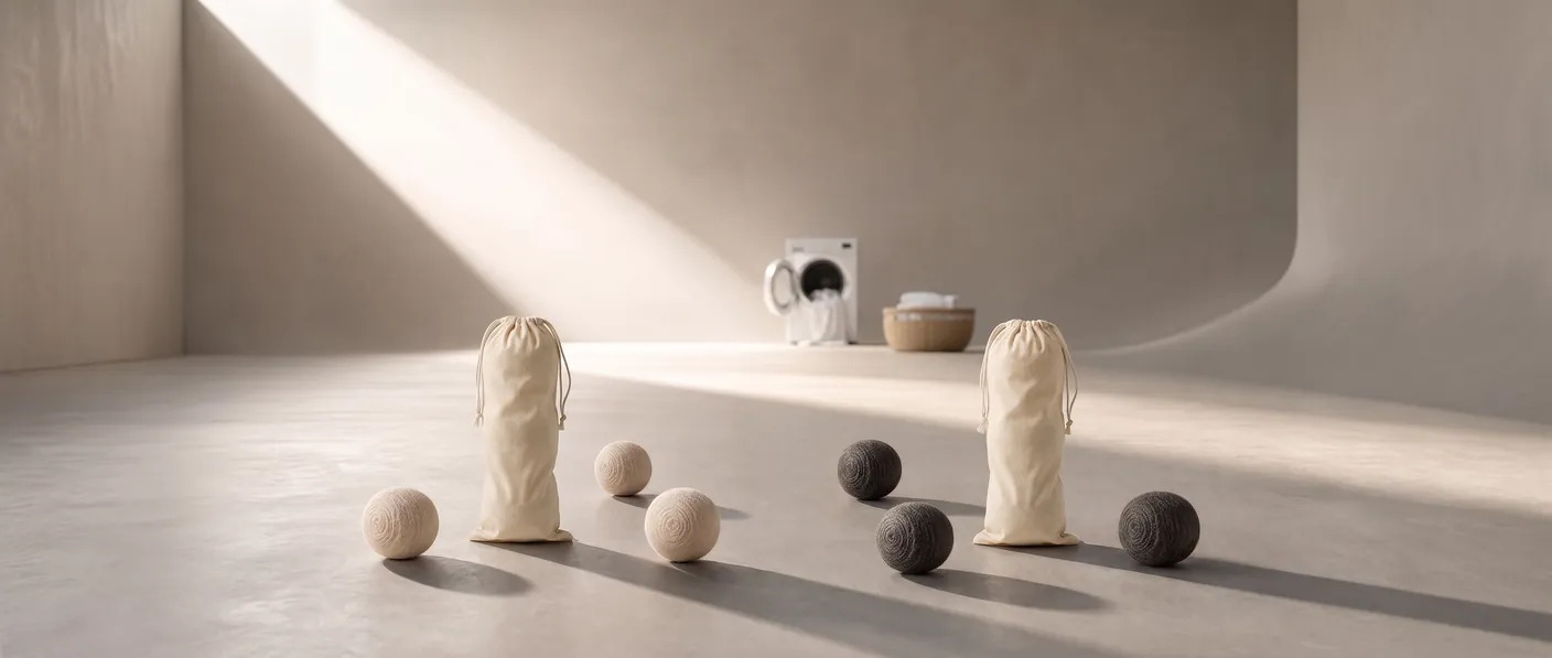 Wovly pouches and wool dryer balls arranged on a sunlit laundry-room floor