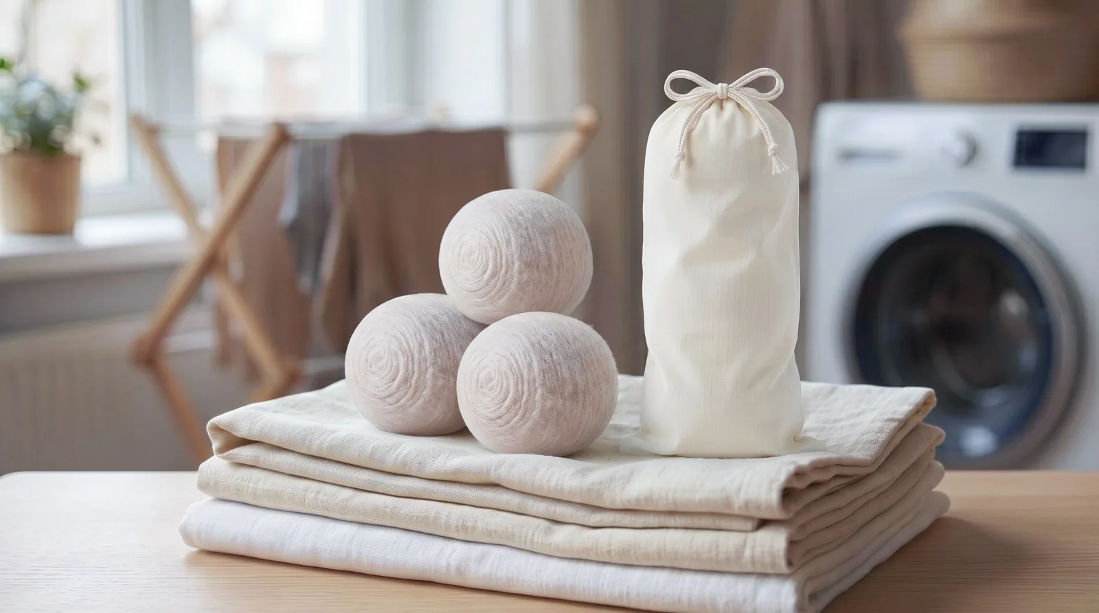 Wovly pouch and wool dryer balls on folded towels