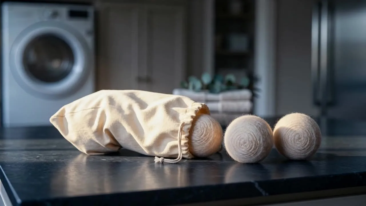 Wovly wool dryer balls spilling from a cloth pouch on a laundry-room counter